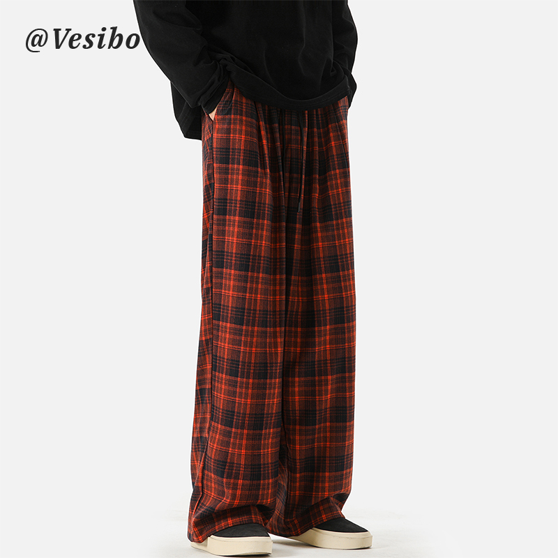 Wang Jiaer's Same Style Heavyweight Sweatpants for Men, Summer American-Style Lazy Plaid Long Pants, Straight Wide-Leg Casual Pants Wang Jiaer's Same Style Heavyweight Sweatpants for Men, Summer American-Style Lazy Plaid Long Pants, Straight Wide-Leg Casual Pants
