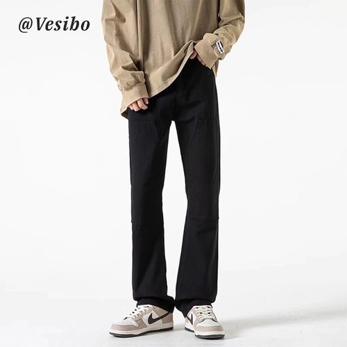 Черные летние прямые свободные джинсы, штаны, в американском стиле, облегающий крой