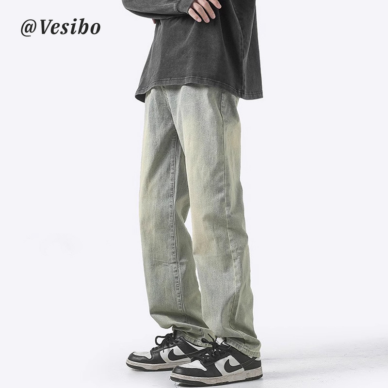 American-Style Men's Jeans, Washed and Distressed, Vintage Yellow Mud-Dyed, Versatile Pants, Spring Trendy Brand, High Street, Loose Straight-Leg Pants