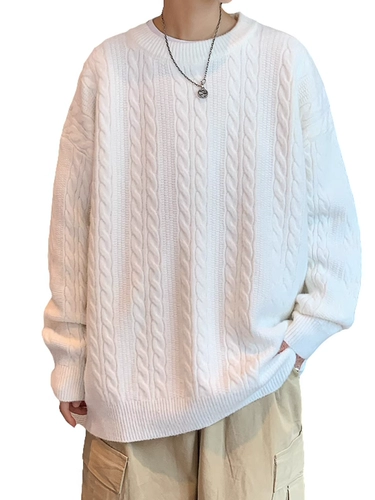 Белый японский демисезонный цветной ретро трикотажный свитер с круглым воротником, в корейском стиле