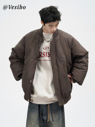 Men's Winter American High Street Baseball Jacket with White Duck down Filling, Trendy Brand Couple Style Versatile Jacket