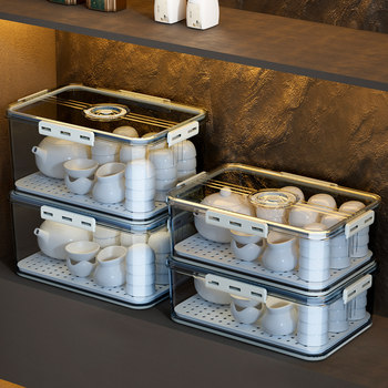 Tea Set and Teacup Storage Box, Dustproof and Transparent, Cup Holder, Kung Fu Teapot, Wine Glass with Lid, Cabinet Organizer