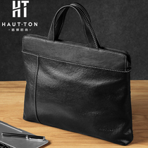 Haodun handbag mens leather business briefcase leather horizontal handbag large-capacity mens bag simple computer bag