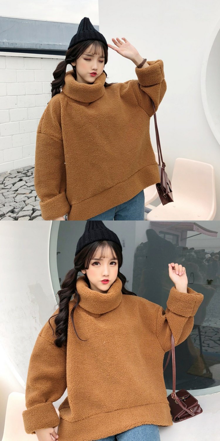 Mùa đông mới phiên bản Hàn Quốc của áo thun rộng, áo len dày cổ cao ấm áp áo lông đầu nữ sinh dễ thương áo khoác nữ hàng hiệu