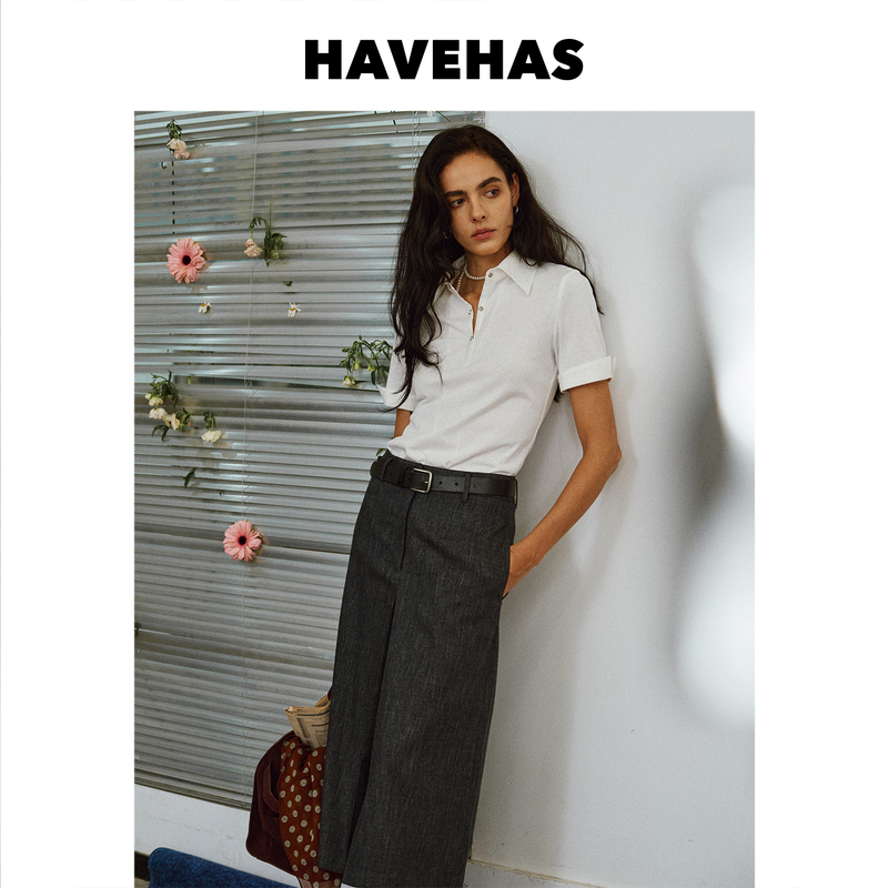 Havehas Geekchic Retro Intellectual Old Money High Intelligence Patchwork Polo Shirt T-Shirt/Shimmering Midi Skirt