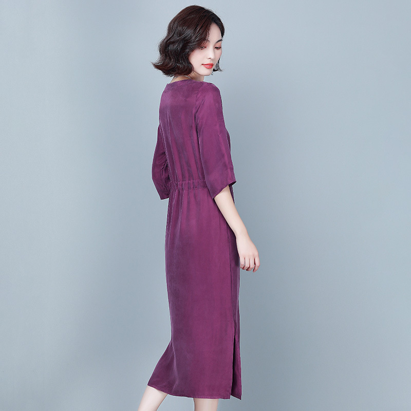 Summer New Arrival Heavy-Duty Cupro Silk Three-Quarter Sleeve Long Dress, Waist-Cinching, Slimming, Tummy-Covering, Mother-Style Dress