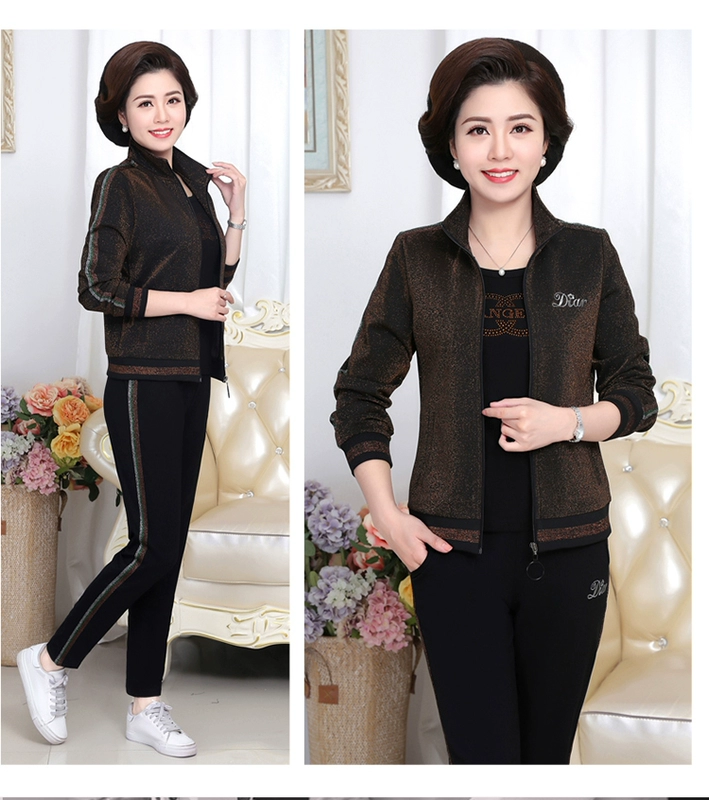 Áo khoác nữ mùa thu cho mẹ trung niên 40 tuổi 50 Bộ đồ thể thao giản dị dành cho phụ nữ trung niên mùa xuân và cotton ba mảnh mùa thu - Thể thao sau