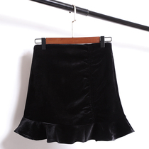 Golden velvet hip skirt women autumn and winter 2021 New High waist black anti-light a character thin fish tail skirt