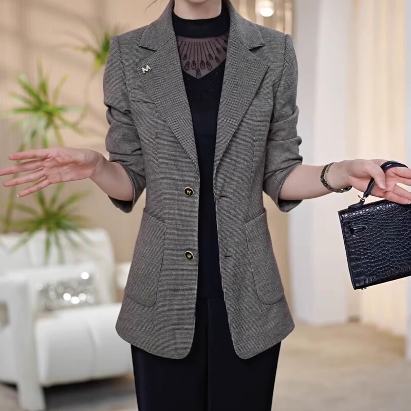 High-End Bolai Fine-Woven Houndstooth Blazer for Women, 2025 Autumn New Style, Stylish and Slimming Suit Jacket