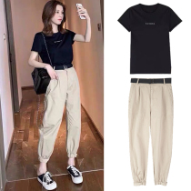 Summer Big Code Womens Dress 2022 Light Cooked Fat Mm Display Slim Superior Sense Salt Ensemble Wearing a short sleeve blouse and two suit spring