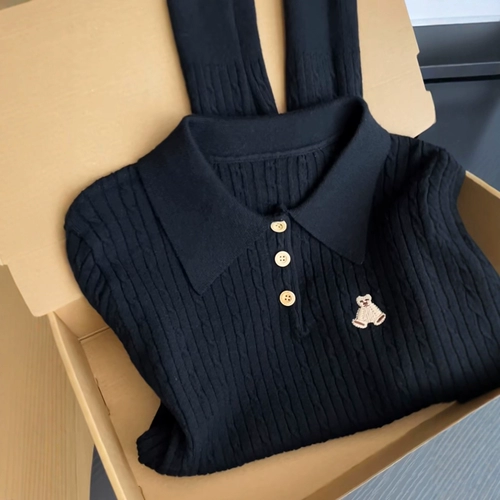 Черный демисезонный свитер, трикотажная кукла, футболка polo, с медвежатами, с вышивкой, облегающий крой