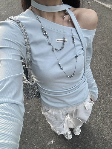 Синий приталенный дизайнерский лонгслив, осенний, тренд сезона