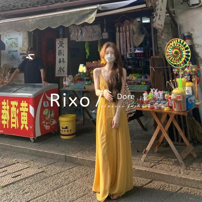 Rixo Dore French-Style High-End Heavy-Duty Spaghetti Strap Dress, New Summer Model, Light Luxury, Loose and Lazy Long Dress