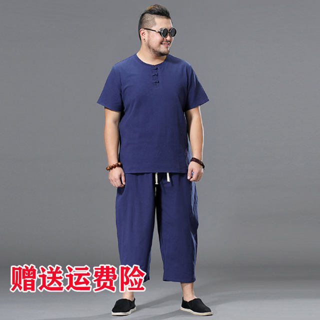 Linen suit fat man extra large size Chinese style men's clothing plus fat plus size loose fat man cotton and linen short-sleeved T-shirt 300