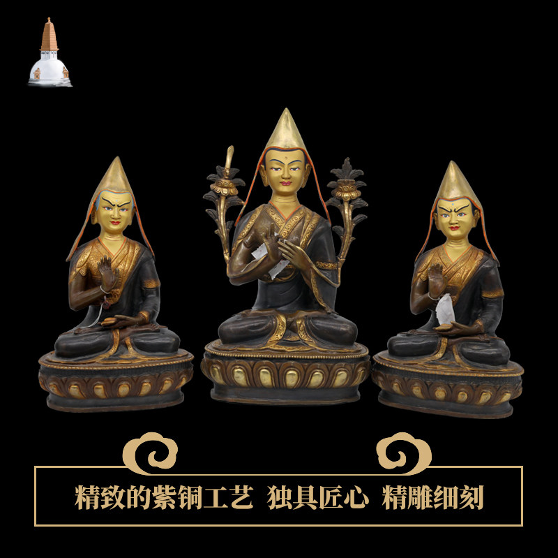 Nepal's high-end Buddha statue clan, master and apprentice, three statues, copper gilt, Tibetan Buddhism, tantric import ornaments