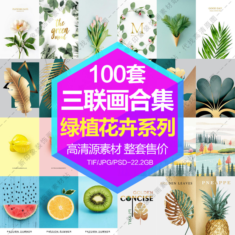 Decorative painting core HD gallery fresh green plant flower plant triptych combination electronic picture design material