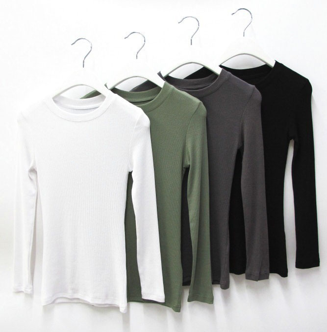  European and American Style Solid Color Slim-Fit Ribbed Cotton Stretchy Bust-Enhancing Full-Body Round Neck Long-Sleeve Base T-Shirt for Women