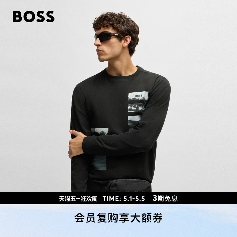 【Long-Sleeve T-Shirt, Loose Fit】Boss Men's Artistic Pattern Cotton Blend Long-Sleeve T-Shirt
