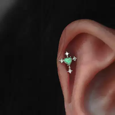 Cross ear needle European and American baroque retro Korean direct delivery imitation opal fluorescent green love ear bone nail small ear