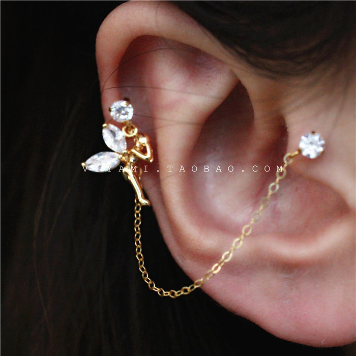 Goddess two ear holes ear bone nails wishing fairy double ear holes female small earrings exquisite super fairy short screw ear needles