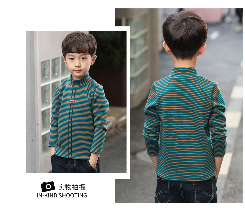 Áo thun bé trai nhung dài tay kẻ sọc cao cổ 2018 mới to boy mùa thu và mùa đông dày áo sơ mi ấm áp áo thun trơn bé trai