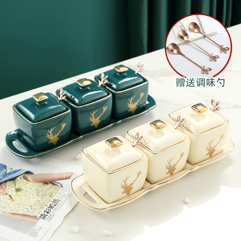 Nordic kitchen supplies ceramic seasoning jar emerald seasoning bottle four-piece household set sugar jar salt monosodium glutamate jar