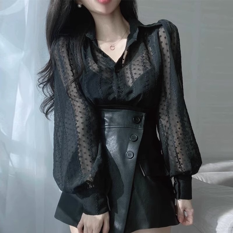 Black Lace Shirt for Women, Long-Sleeved, New Spring and Autumn Style, Unique Breathable Inner Layer Top, Elegant Blouse