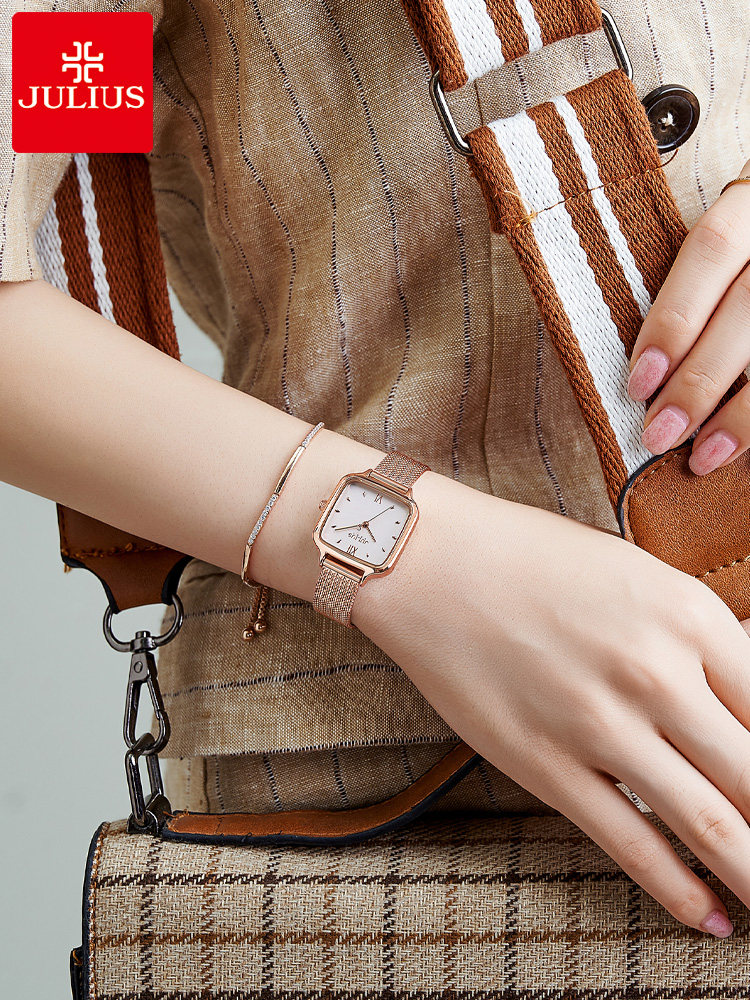 Julius watch Simple temperament schoolgirl retro small square watch Small ladies ins wind steel band quartz watch