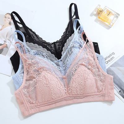 夏季薄款内衣女无钢圈大胸显小法式超薄小胸聚拢文胸大码蕾丝胸罩