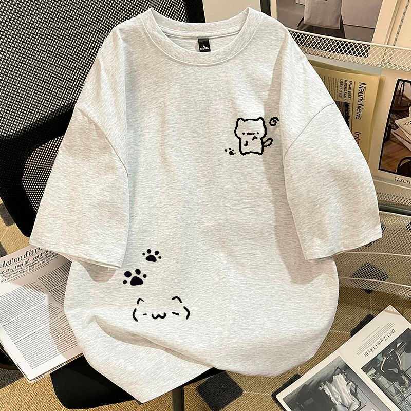 女の子用 綿100％ レイジースタイル 半袖Tシャツ、シンプルな猫柄プリント、ラウンドネック 学生用Tシャツ トップス
