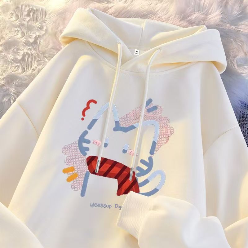 Girls' Autumn and Winter Cat Print Hooded Sweatshirt, Cute and Lazy Style for Older Children, Fleece-Lined Hoodie Top for Middle School Students Girls' Autumn and Winter Cat Print Hooded Sweatshirt, Cute and Lazy Style for Older Children, Fleece-Lined Hoodie Top for Middle School Students