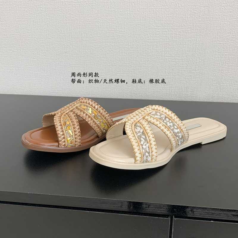 Zhuchunxi | Holiday Woven Vacation Beach Slippers, Handmade Mother-Of-Pearl and Rhinestone Slip-On Slippers for Women to Wear Outside Zhuchunxi | Holiday Woven Vacation Beach Slippers, Handmade Mother-Of-Pearl and Rhinestone Slip-On Slippers for Women to Wear Outside