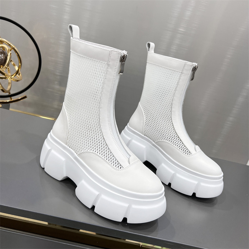 European station Martin boots women summer new leather cutout breathable thick sole front zip net boots women's sandals smoke tube boots