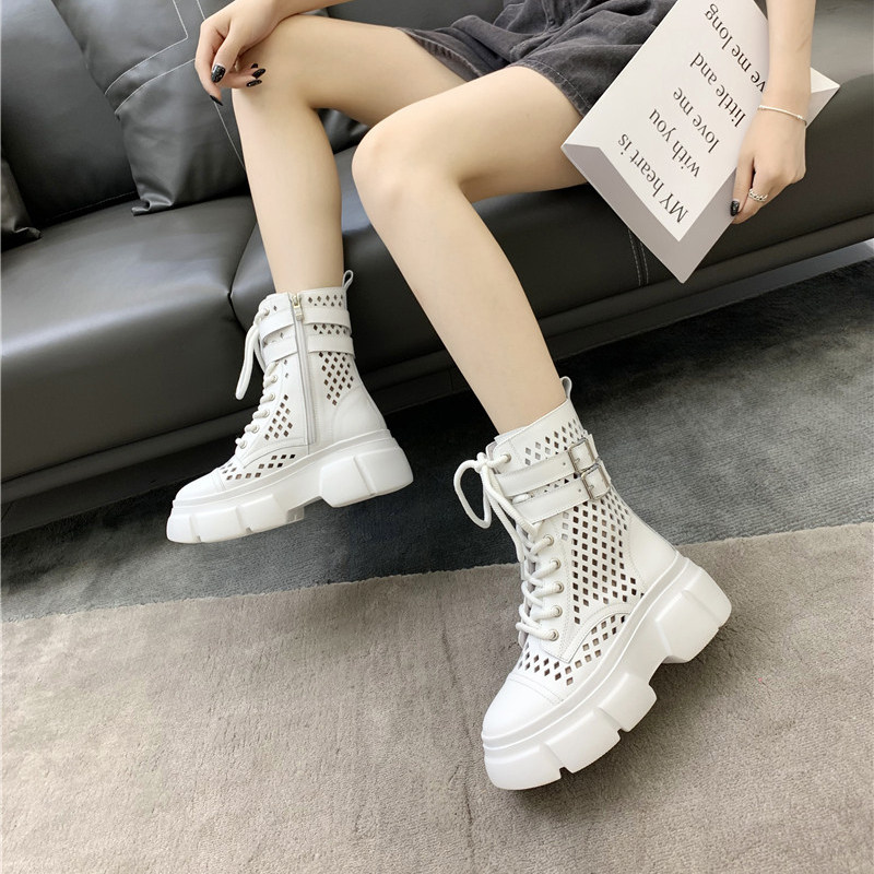 Martin boots Summer new SW HSA genuine leather Old Dad shoes hollowed-out thick bottom white lacing side Laced Punch Women Cool Boots