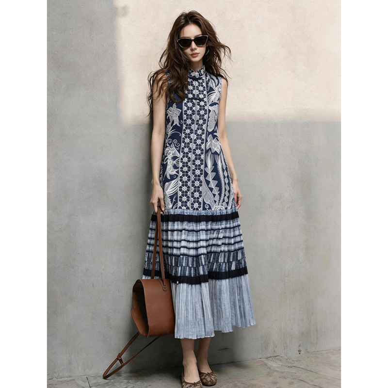 Beautiful and Unique Summer Tank Dress, New Chinese Ethnic Style, Blue Pleated A-Line Sleeveless Printed Dress for Women Beautiful and Unique Summer Tank Dress, New Chinese Ethnic Style, Blue Pleated A-Line Sleeveless Printed Dress for Women