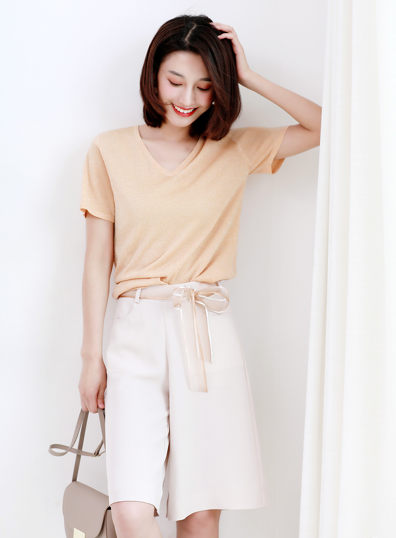 Micro-flash yếu tố giá trị cao gió đơn giản V-Cổ nhúng lụa sáng bóng thoải mái Tencel ngắn tay áo len áo sơ mi áo cardigan len