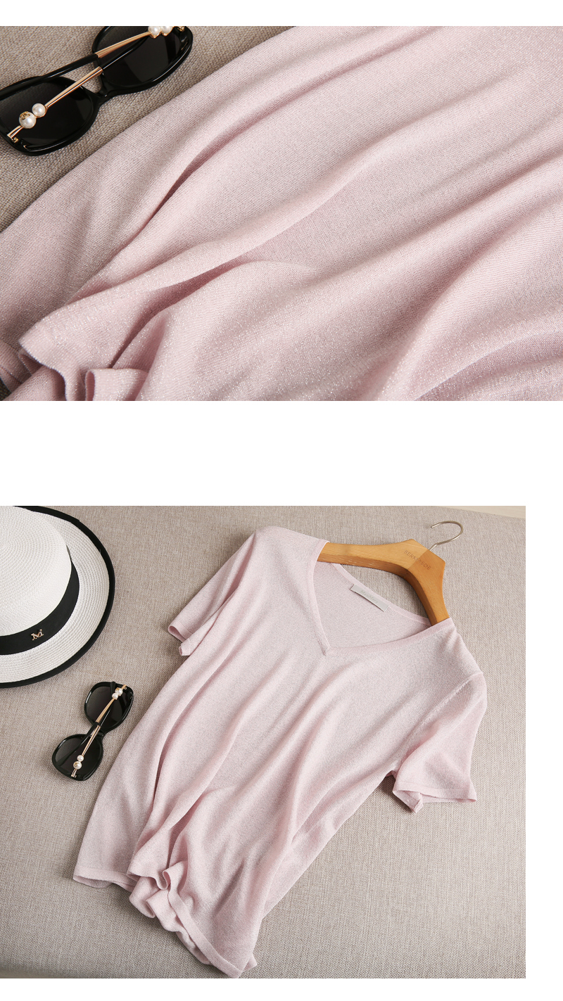 Micro-flash yếu tố giá trị cao gió đơn giản V-Cổ nhúng lụa sáng bóng thoải mái Tencel ngắn tay áo len áo sơ mi áo cardigan len
