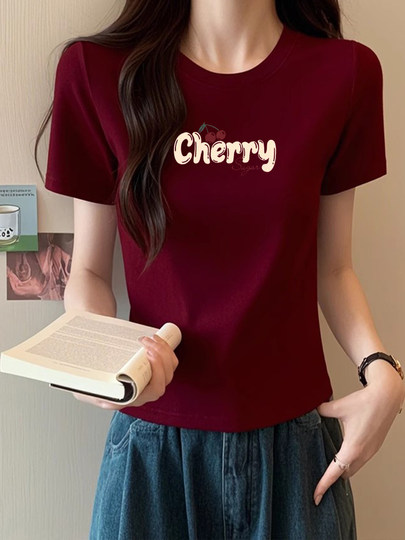 Burgundy Short Round Neck Style Short-Sleeved T-Shirt for Women European Station 2025 Summer New Slim Zodiac Year T-Shirt