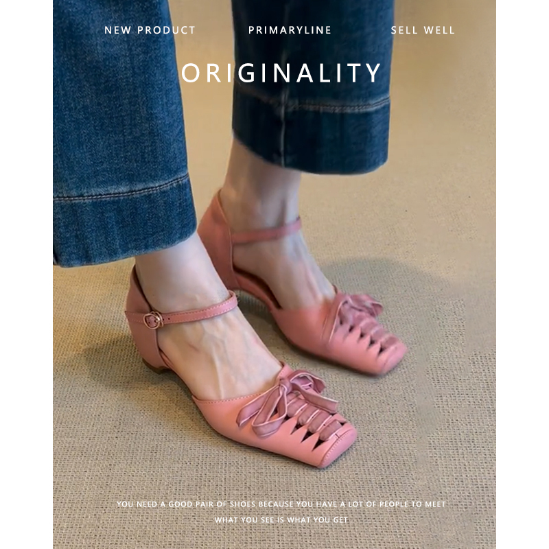 Sheepskin Version~Genuine Leather French-Style Bowknot Hollow-Out Square-Toe Sandals for Women, New Summer Style, Suitable for Pairing with Dresses, with Hidden Height Increase