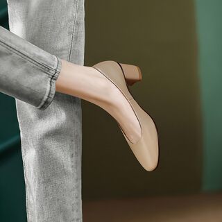 Thick-Heeled Single Shoes for Women, Summer Genuine Leather, Soft Leather, Ultra-Soft Sheepskin, Comfortable Granny Shoes, Versatile Mid-Heel High-Heeled Slip-On Women's Shoes