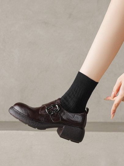 Original Design with a Super Comfortable Feel! Silent and Extremely Comfortable! Women's Retro Sheepskin Round-Toe Loafers with Chunky Heels, Versatile Leather Shoes