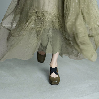 Original Bridal Wedding Shoes! soft sole Horse Leather Pig-Nose Thick-Heeled Ballet Shoes for Women, Mary Jane Mid-High Heel Single Shoes