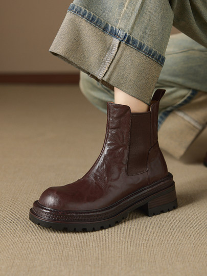 Soft Sheepskin Retro Genuine Leather Chelsea Boots for Women, British Style Street Style Short Boots, Distressed Martin Boots