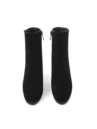 Slimming Soft-Soled Short Boots for Women, Autumn and Winter Genuine Leather Mid-Heel with Fleece Lining, Suede Leather, Small High Heel, Comfortable and Not Tiring for the Feet, Chunky Heel