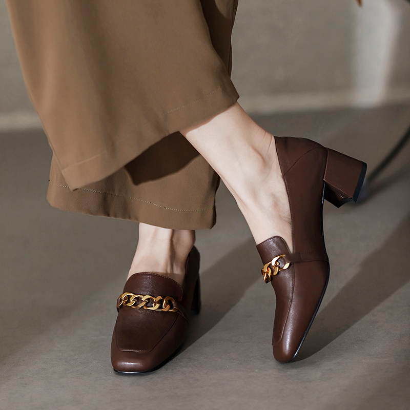 Lefu shoes are real leather English wind 2021 spring style of heel shoes, thick heel shoes, head of female shoes