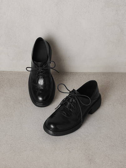 Original Soft Sheepskin British Style Thick-Soled Deep-Cut Women's Lace-Up Leather Shoes with Chunky Heels, Retro Loafers