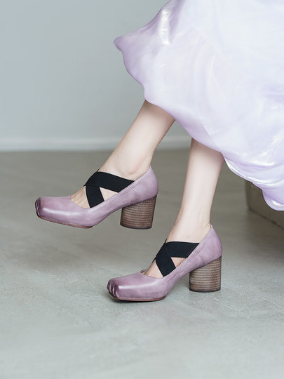 Original Bridal Wedding Shoes! soft sole Horse Leather Pig-Nose Thick-Heeled Ballet Shoes for Women, Mary Jane Mid-High Heel Single Shoes