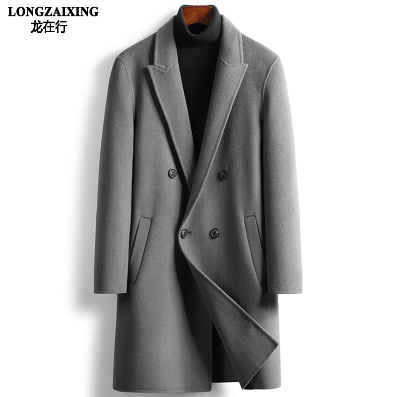 Autumn-winter 100% pure wool bifacial, long version of the men's medium long version of the wind clothes double-row buttoned suit collar cashmere jacket