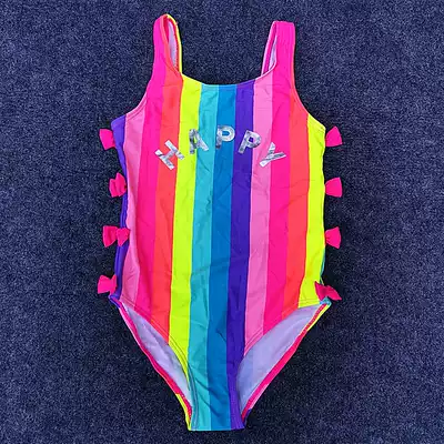 Export foreign trade one-piece swimsuit girl baby child Rainbow Bar letter hot silver side bow cute swimwear