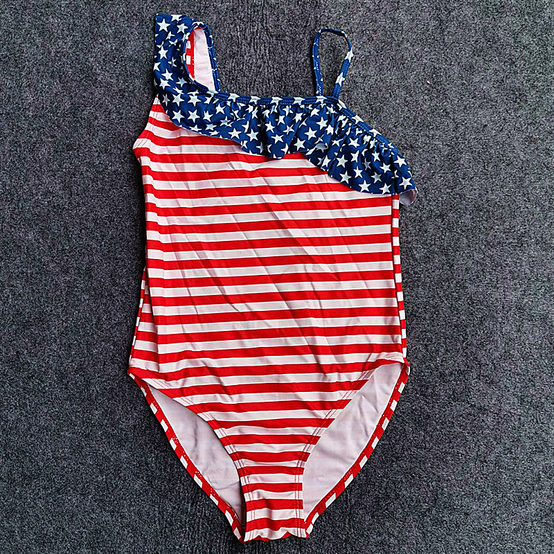 Outlet European and America Striped Stars Girl with Swimsuit Fashion Skewed Shoulder Lotus Leaf Side Girl Speed Dry Triangle Swimsuit